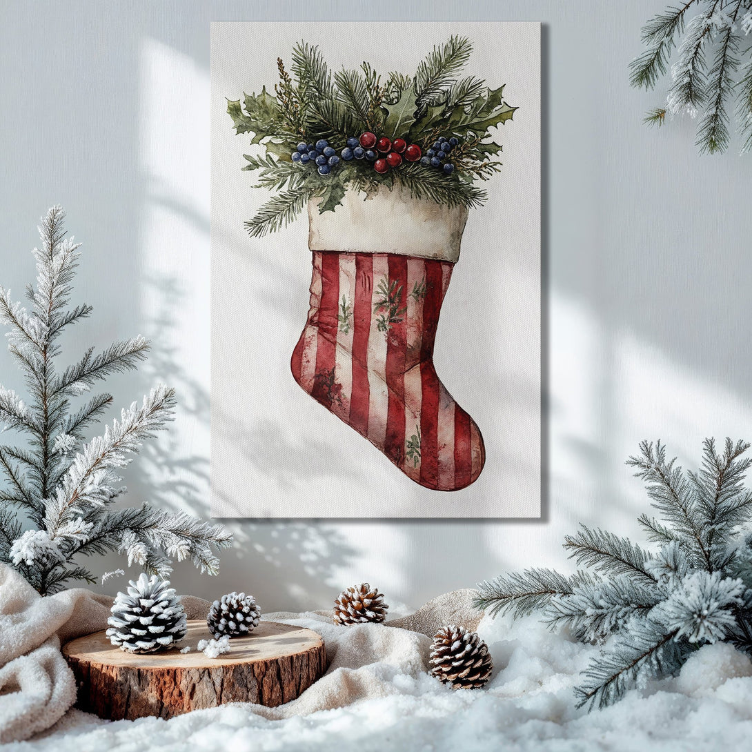 Framed Wall Art: Watercolor Christmas stocking print in a cozy interior. Festive red, green, and gold color palette. Perfect holiday decor!