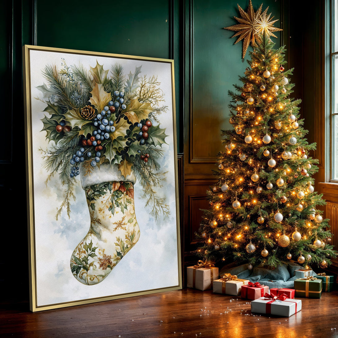 Canvas Print of a watercolor Christmas stocking, featuring holly and berries in a warm, neutral palette. Perfect holiday wall art!