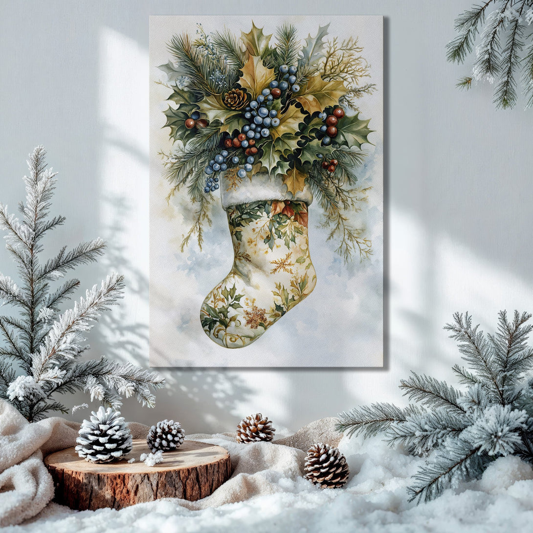 Framed Wall Art: Watercolor Christmas stocking print with holly and berries, warm gold and green palette. Perfect holiday decor.