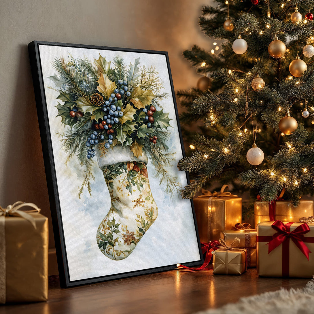 Framed Wall Art: Watercolor Christmas stocking print in a warm, inviting interior. Featuring a festive color palette of greens, golds, and blues. Perfect holiday decor!