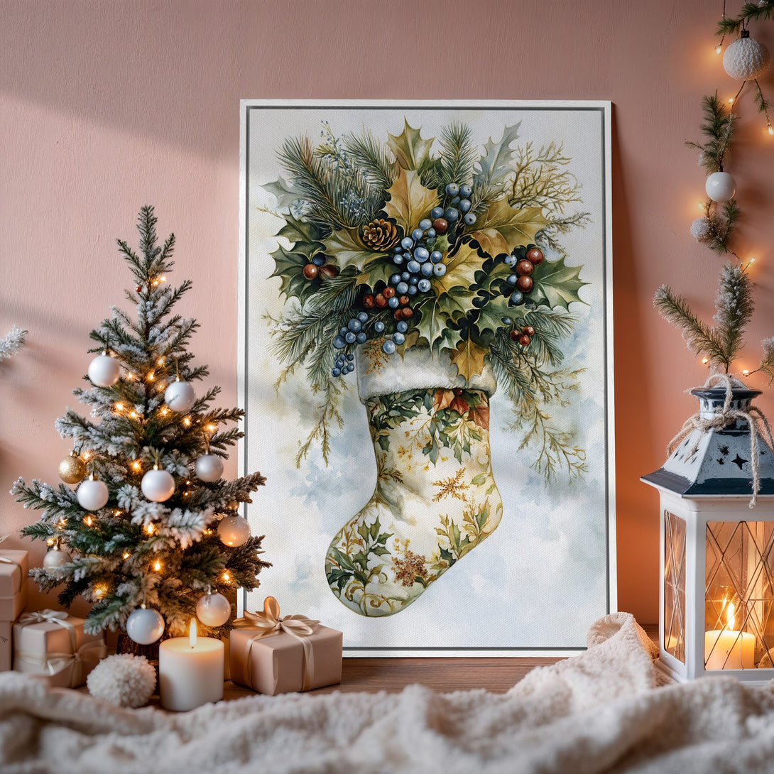 Framed Wall Art: Watercolor Christmas stocking print with holly & berries. Soft, warm color palette, perfect for holiday home decor.