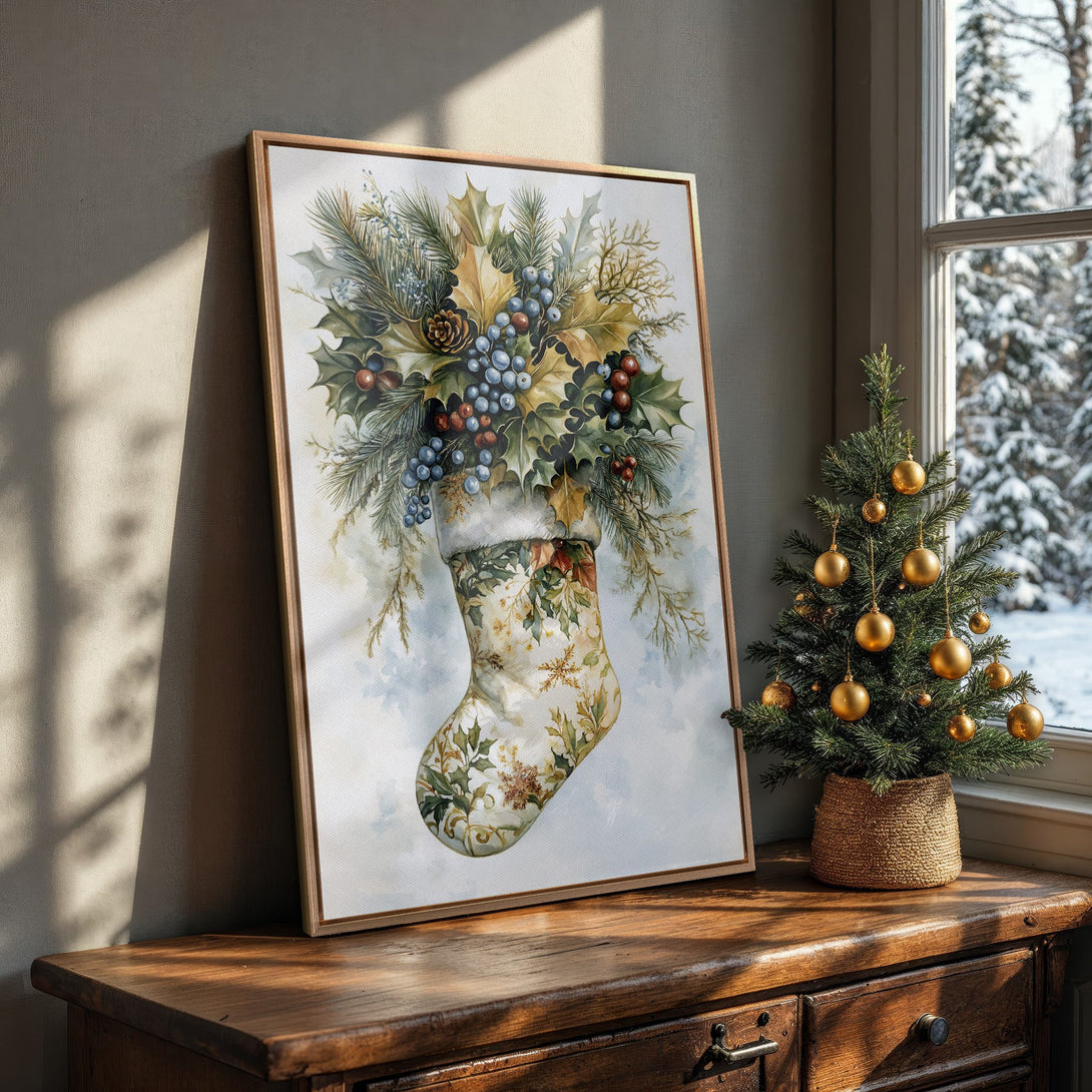 Framed Wall Art: Watercolor Christmas stocking print with holly & berries. Warm, neutral palette. Perfect holiday decor for your home.