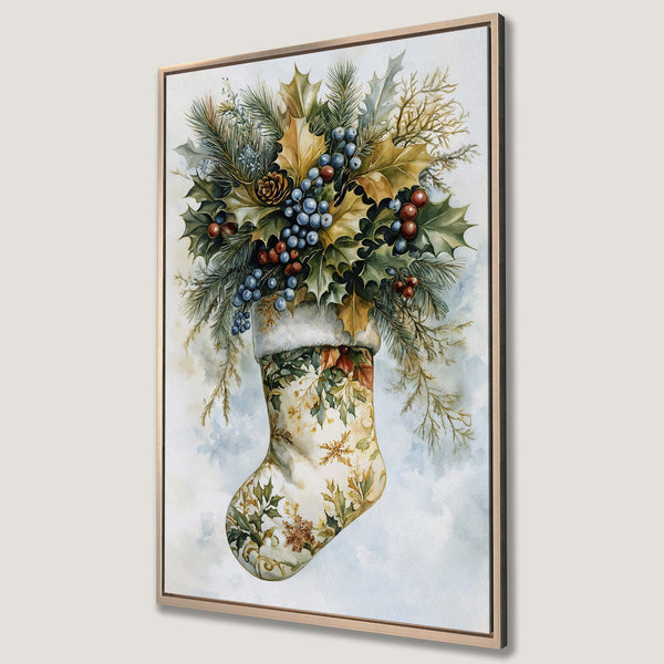Framed Wall Art featuring a watercolor Christmas stocking filled with greenery and berries. Earthy tones with pops of red and blue. Perfect holiday decor.