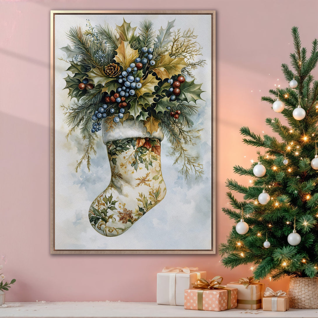 Framed Wall Art featuring a watercolor Christmas stocking with holly and berries. Warm, inviting color palette with greens, blues, and golds. Perfect holiday decor!