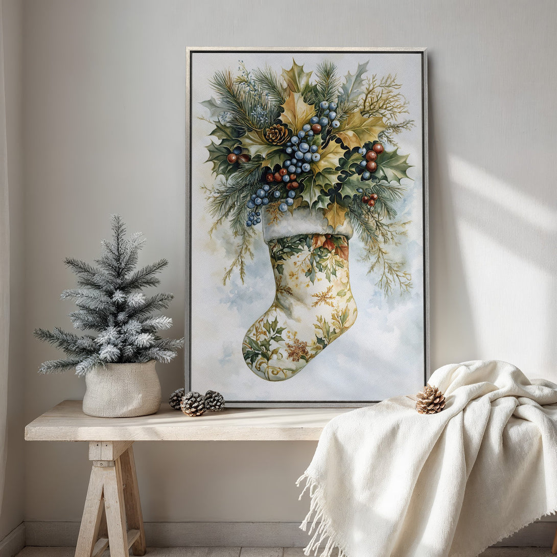 Framed Wall Art: Watercolor Christmas stocking print with holly and berries, in a warm, neutral color palette. Perfect holiday home decor.