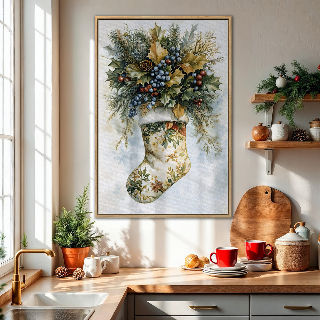 Framed Wall Art: Watercolor Christmas stocking print with holly, berries, and pine. Warm, inviting color palette perfect for holiday decor. Bring the festive spirit home!