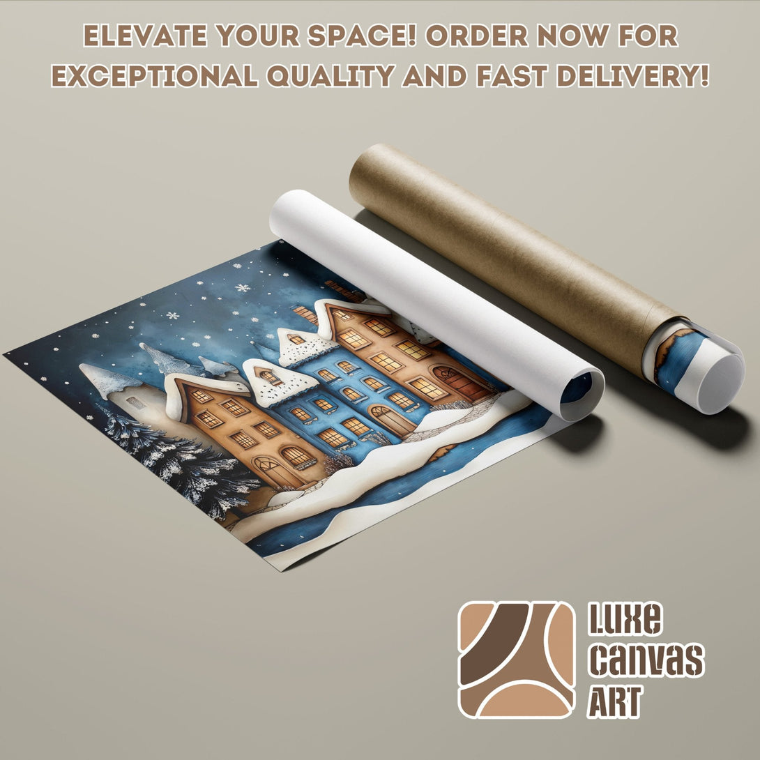 Poster Roll featuring a winter village watercolor painting, with blue and brown tones. Elevate your space!