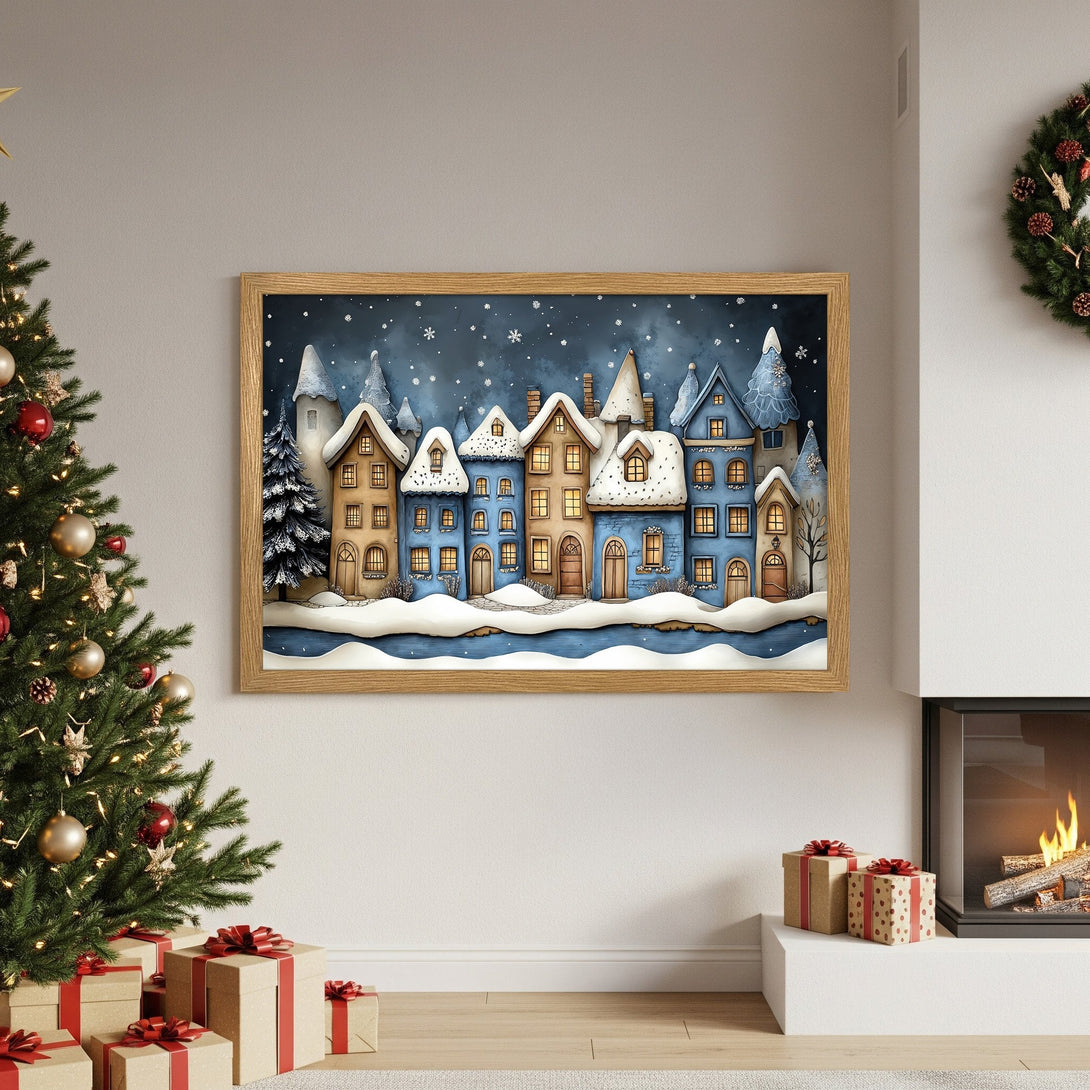 Framed Poster of a winter village scene in blue and tan tones. Cozy art for your home!