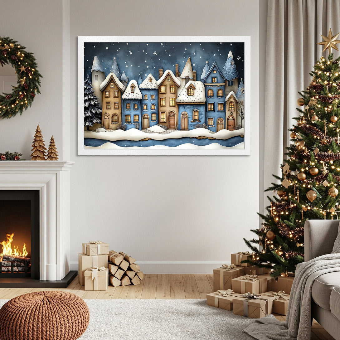 Framed Poster featuring a whimsical winter village scene in blue, tan, and white. Perfect holiday decor!
