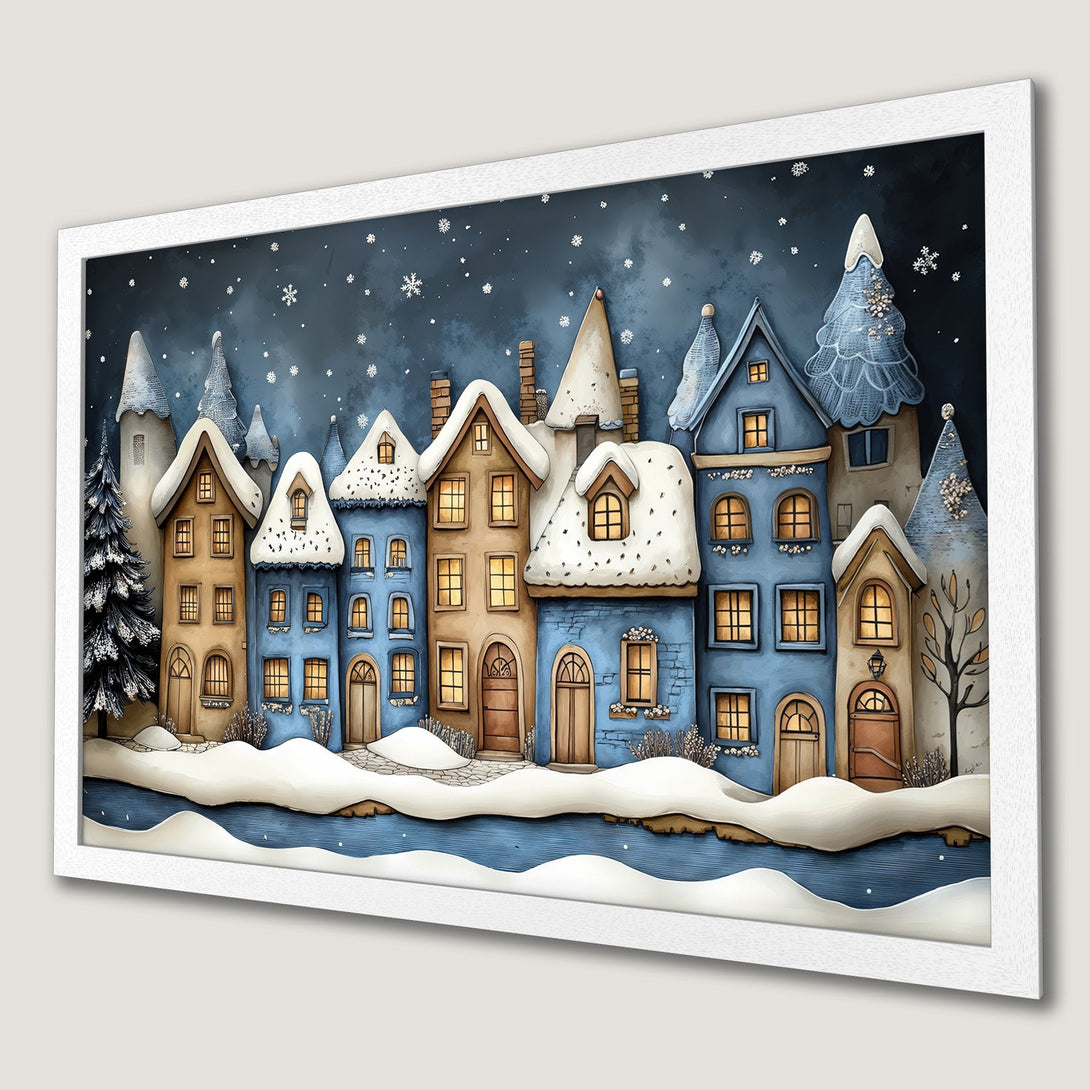 Framed Poster featuring a whimsical winter village scene with blue and tan houses, snowy rooftops, and a dark blue sky. Charming art print.