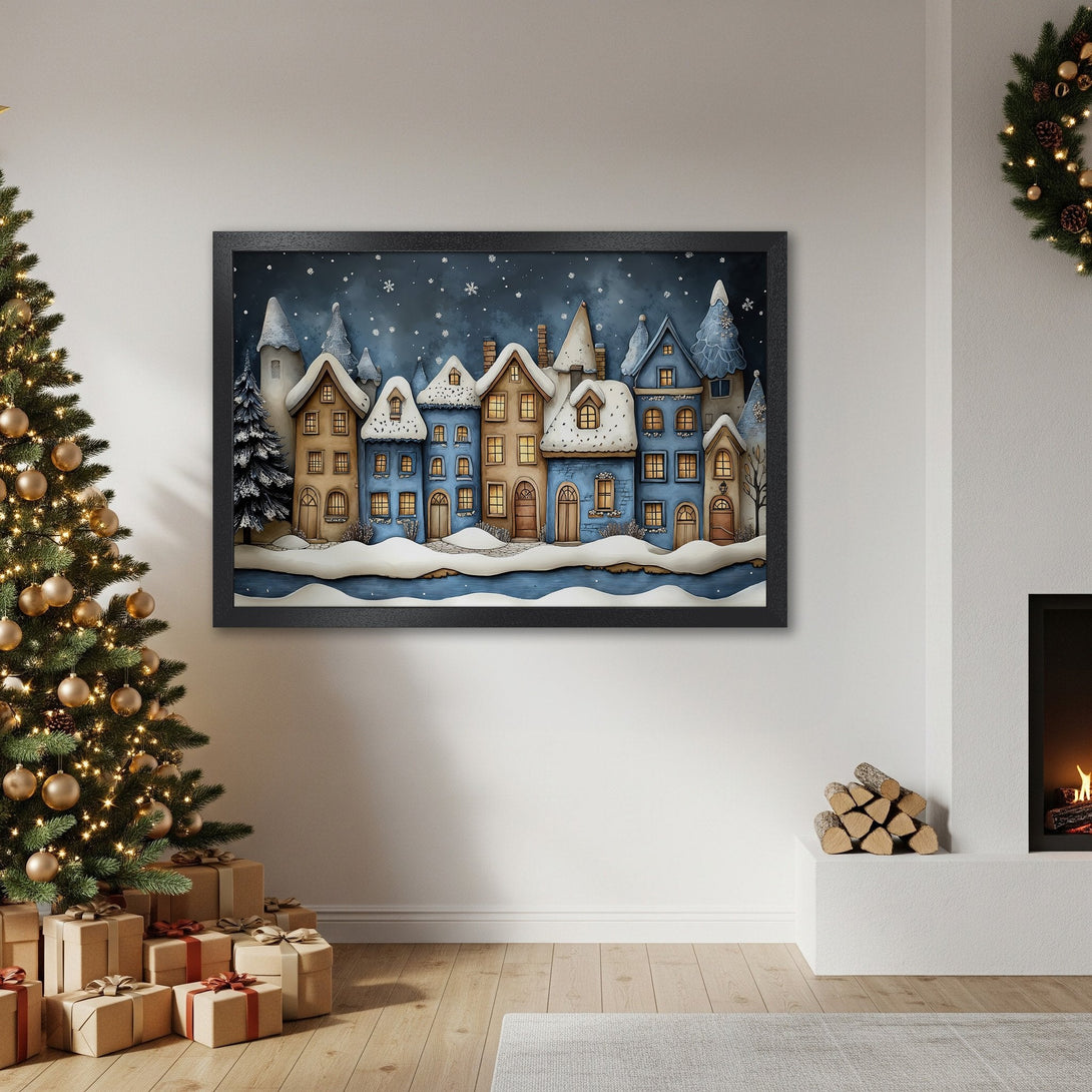 Framed Poster of a winter village scene, whimsical style, featuring blue and beige tones. Perfect holiday decor!