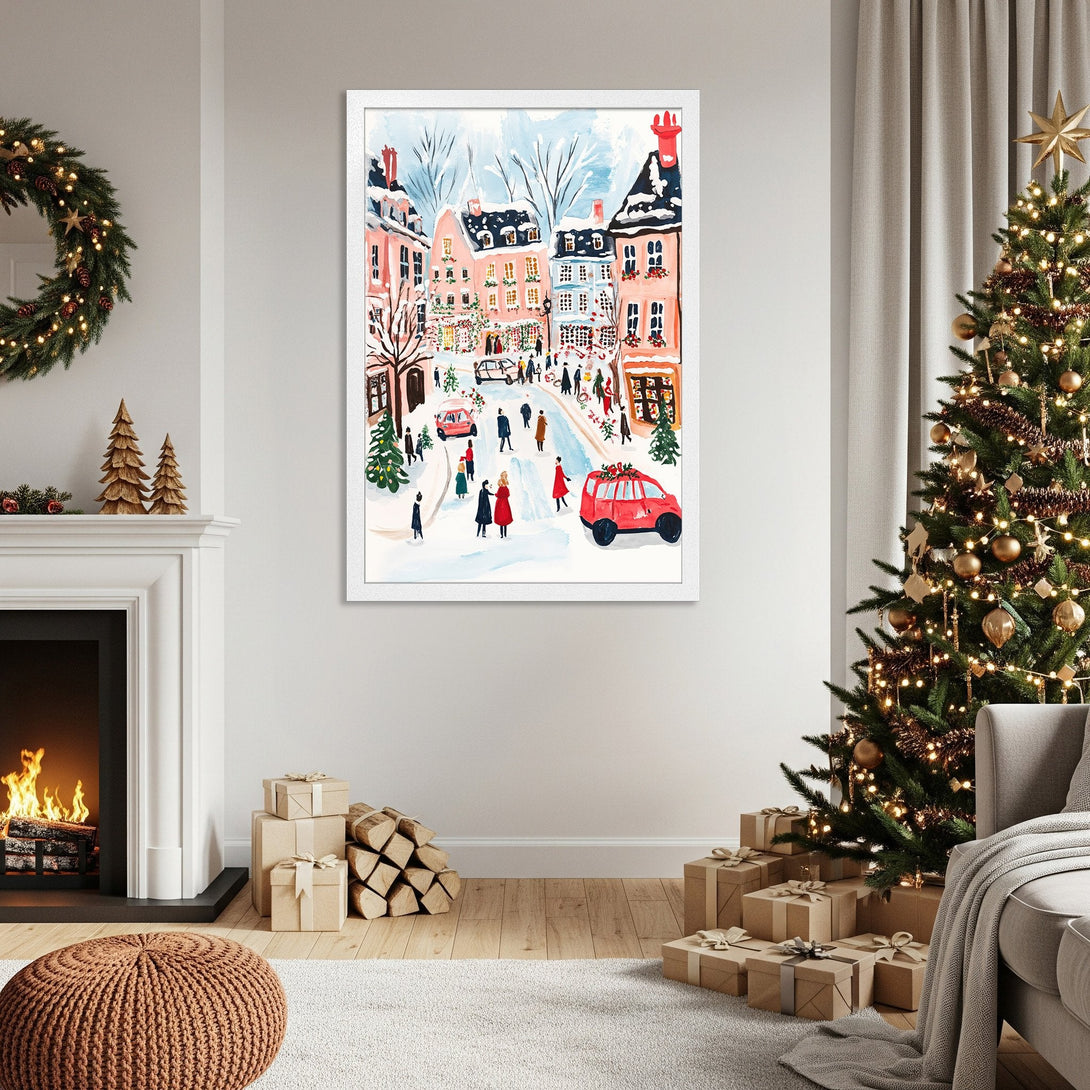 Framed Poster of a Christmas scene in watercolor style, featuring a snowy street with pink and blue buildings. Festive decor.
