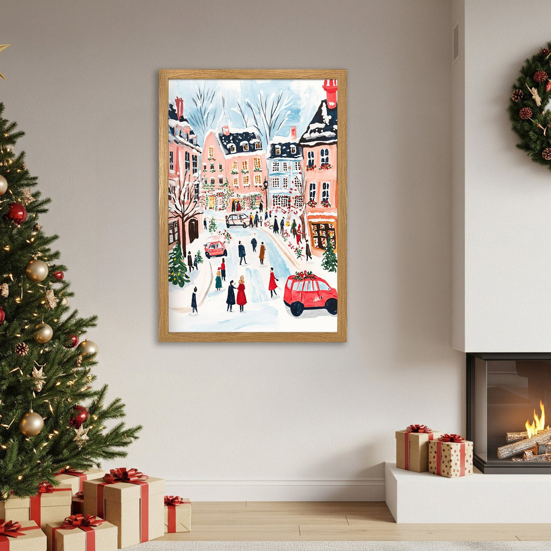 Framed Poster of a charming winter street scene in watercolor style, featuring a soft pink, blue, and red color palette. Perfect holiday decor!