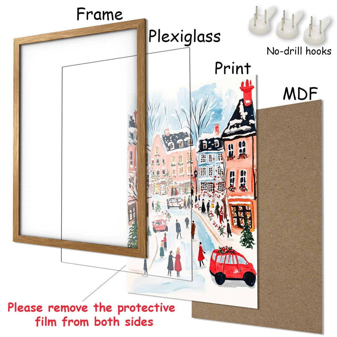 Framed Poster featuring a winter street scene in watercolor style. Soft blues, pinks, and reds create a warm, inviting color palette. Perfect wall art!