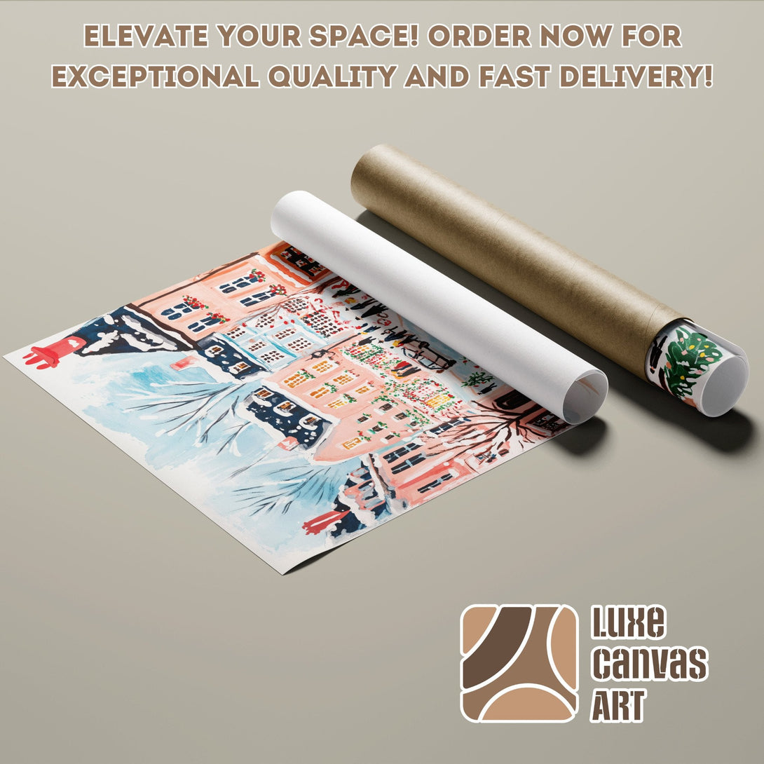 Poster Roll featuring a watercolor cityscape in pink, blue, and brown tones. Elevate your space with Luxe Canvas Art!