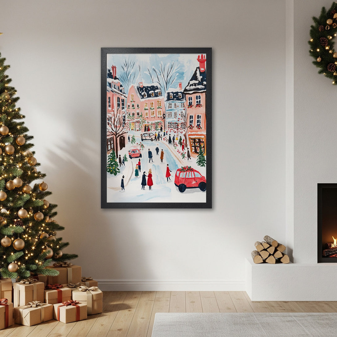 Framed Poster of a winter village scene in watercolor style, featuring a festive red and pink color palette. Perfect holiday decor!