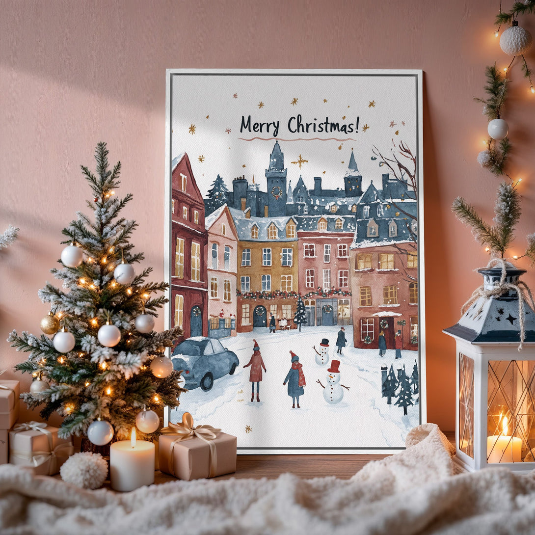 Canvas Print of a charming watercolor Christmas scene in a snowy town. Features a warm, inviting color palette perfect for holiday decor.