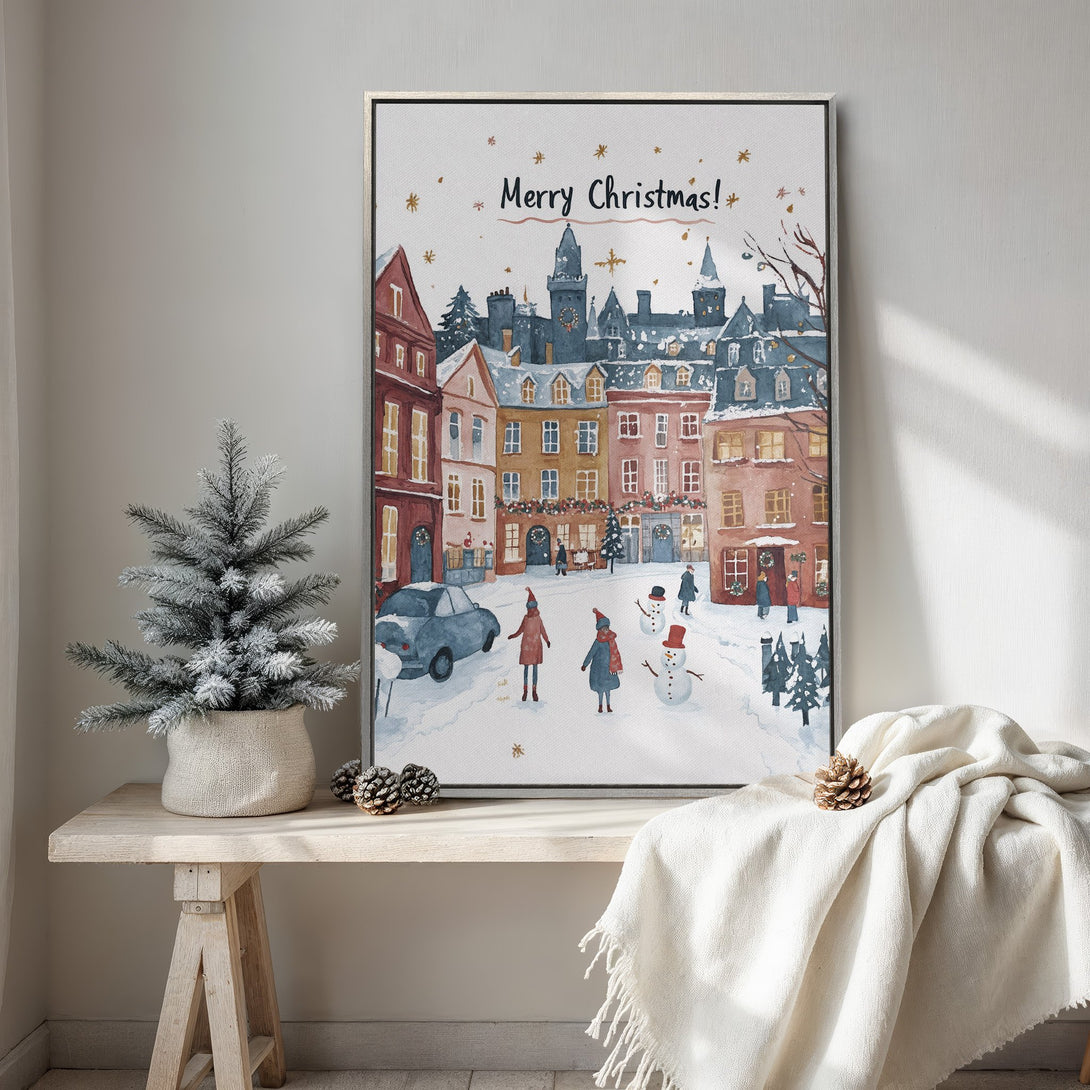 Framed Wall Art: Watercolor Christmas scene. Festive cityscape with snow, warm colors, and charming details. Perfect holiday decor for cozy homes.