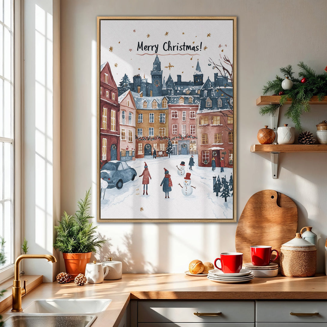 Framed Wall Art: Watercolor Christmas scene in a cozy kitchen. Features a snow-covered town with a warm color palette, perfect for holiday decor.