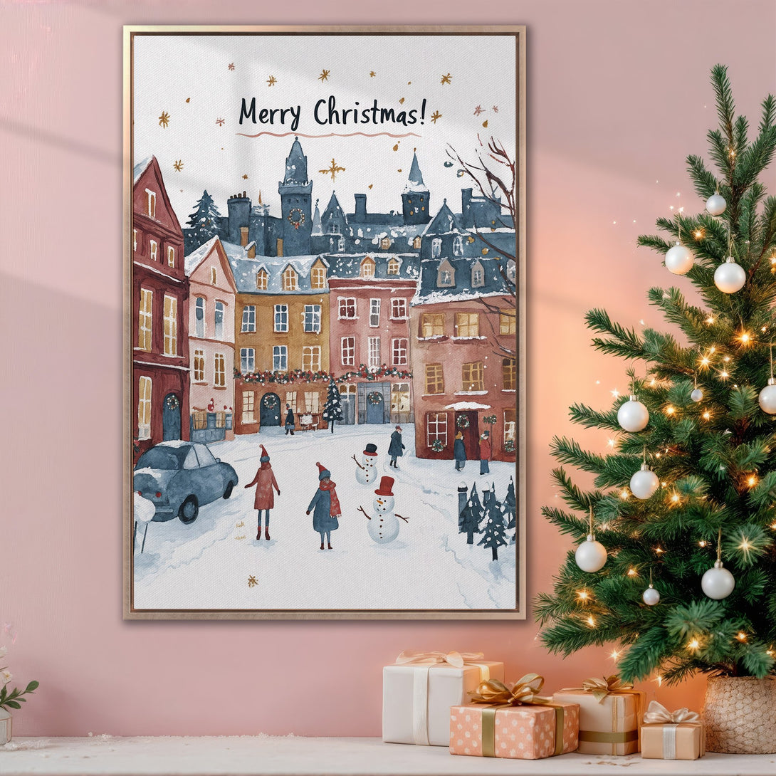 Framed Wall Art: Watercolor Christmas scene with snow-covered town, warm color palette. Perfect holiday decor. Add festive cheer to your home!