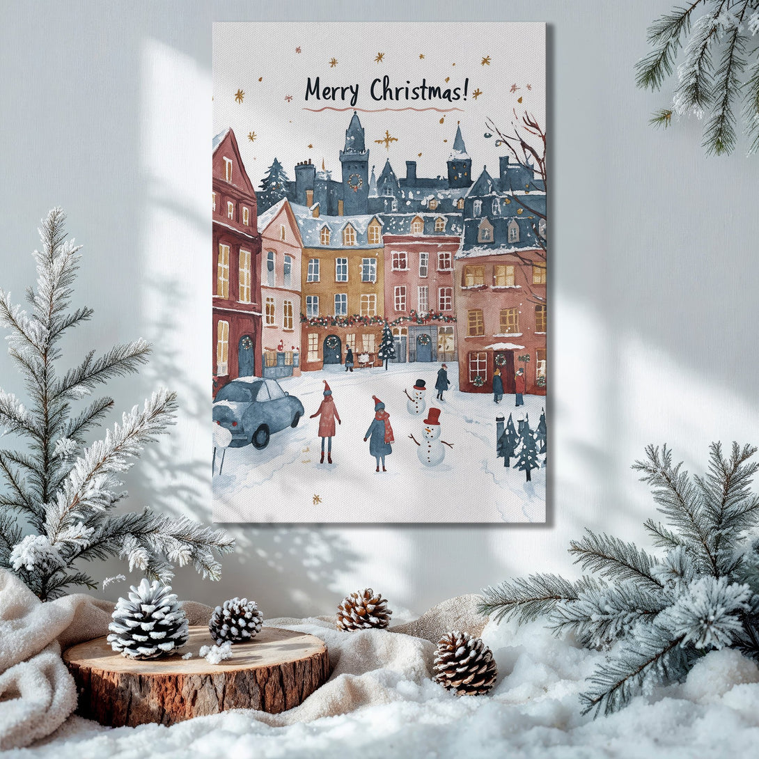 Framed Wall Art: Watercolor Christmas scene with a snowy village, warm reds & blues. Perfect holiday decor. Shop Canvas Prints for unique wall art!