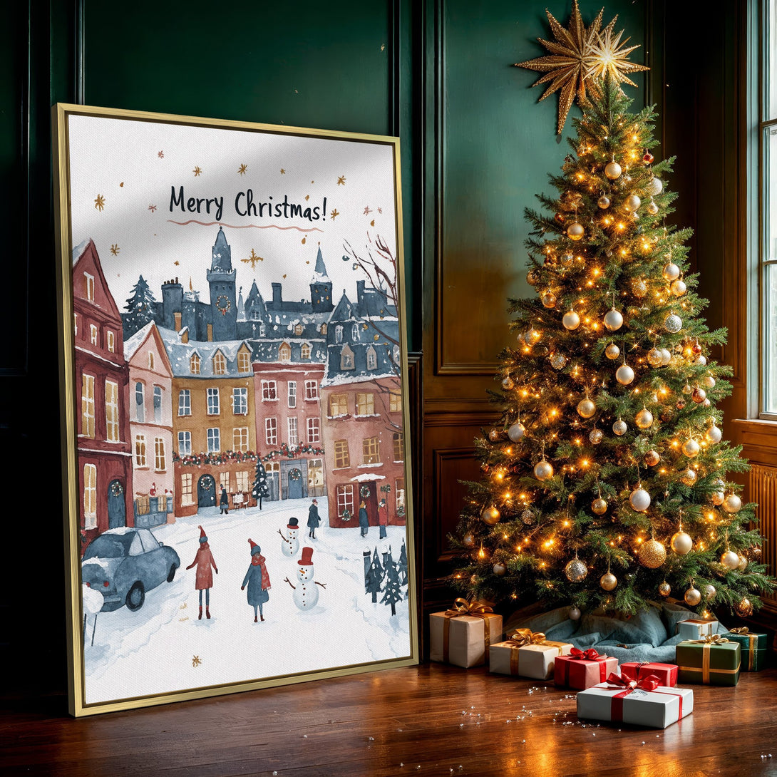 Canvas Print: Watercolor Christmas scene with snow-covered town, warm color palette, and "Merry Christmas" text. Perfect holiday wall art!
