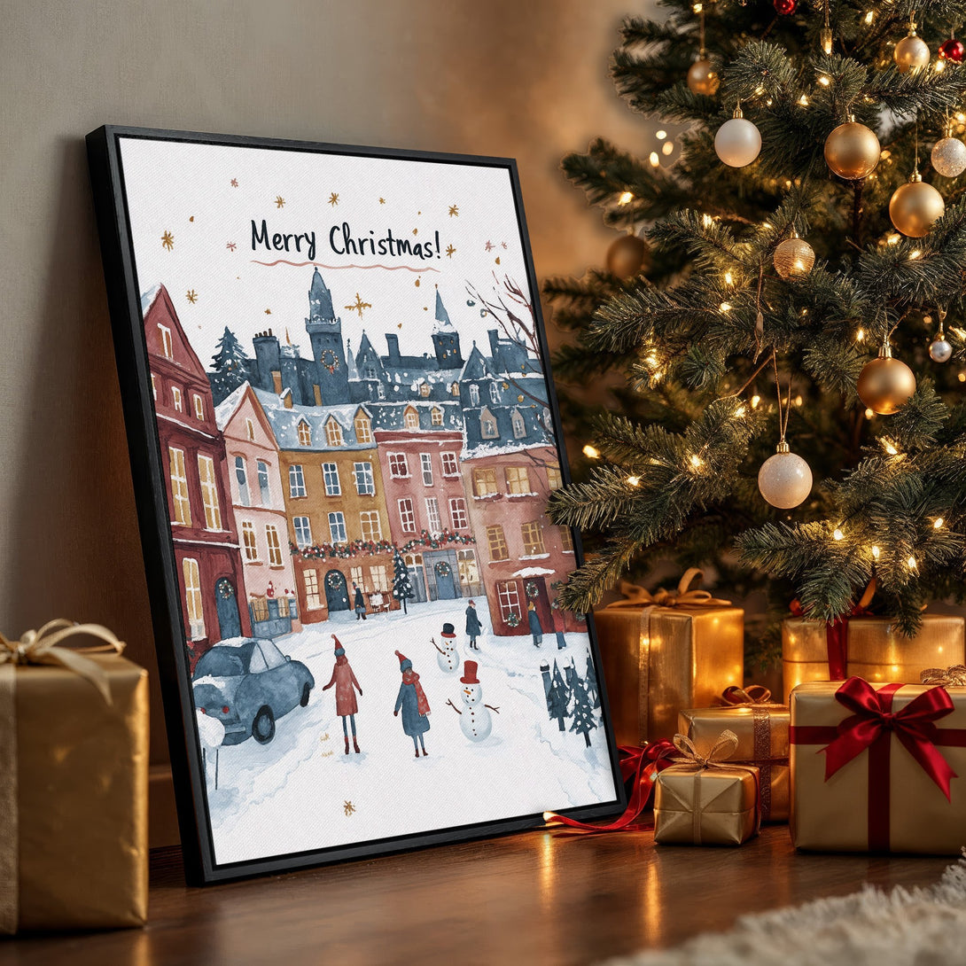 Framed Wall Art: Watercolor Christmas scene with snowy town, warm red & blue hues. Perfect holiday decor for your home. Shop now!