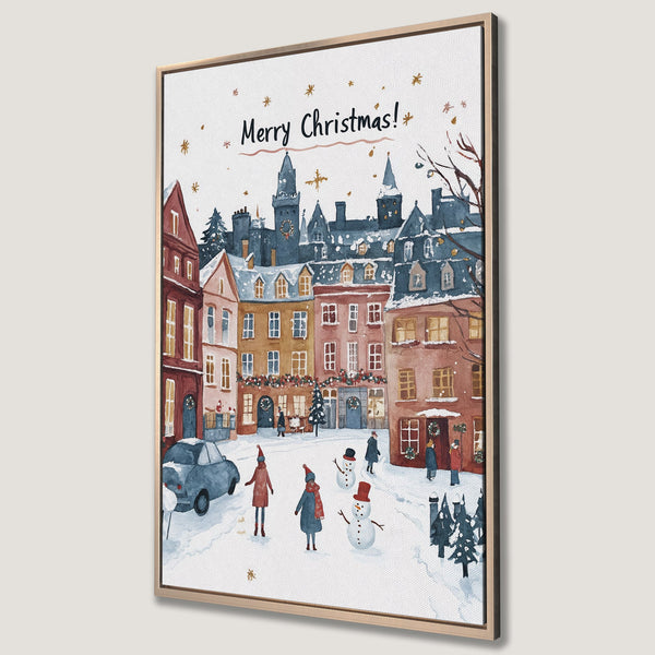 Framed Wall Art: Watercolor Christmas scene of a snowy town square with people and snowmen. Warm color palette, perfect holiday decor.