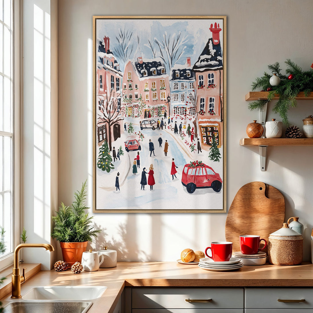 Framed Wall Art of a charming winter village scene in watercolor style. Features pastel colors and a cozy, festive atmosphere. Perfect for holiday decor.