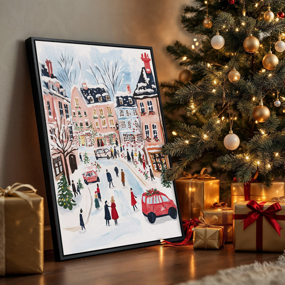 Framed Wall Art: Watercolor street scene Canvas Print in a cozy interior. Features a wintery pink & blue color palette, perfect for holiday decor.