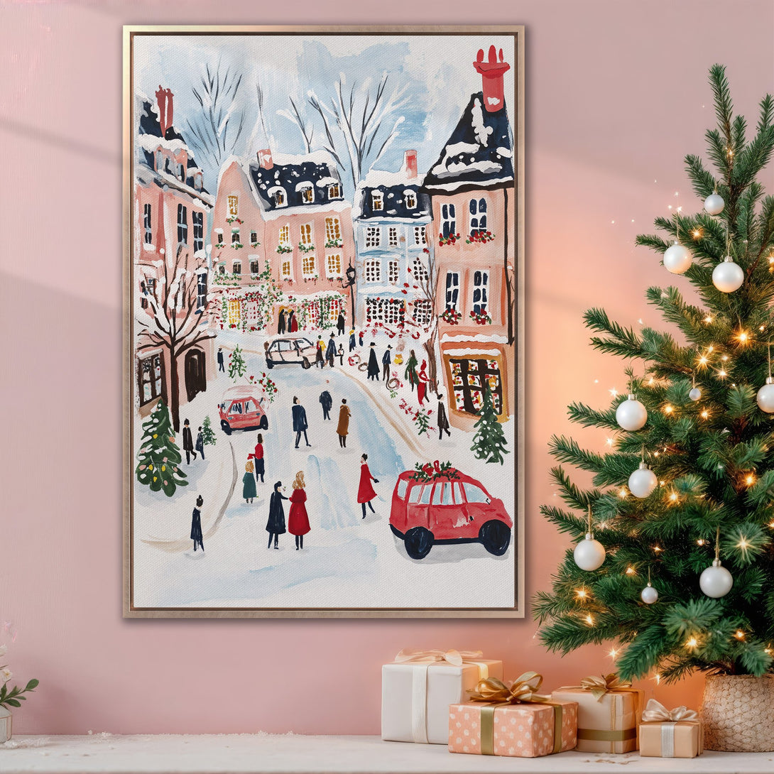 Framed Wall Art: Watercolor winter scene with charming buildings, people, and a red car. Pastel pink, blue, and red color palette. Perfect holiday decor!