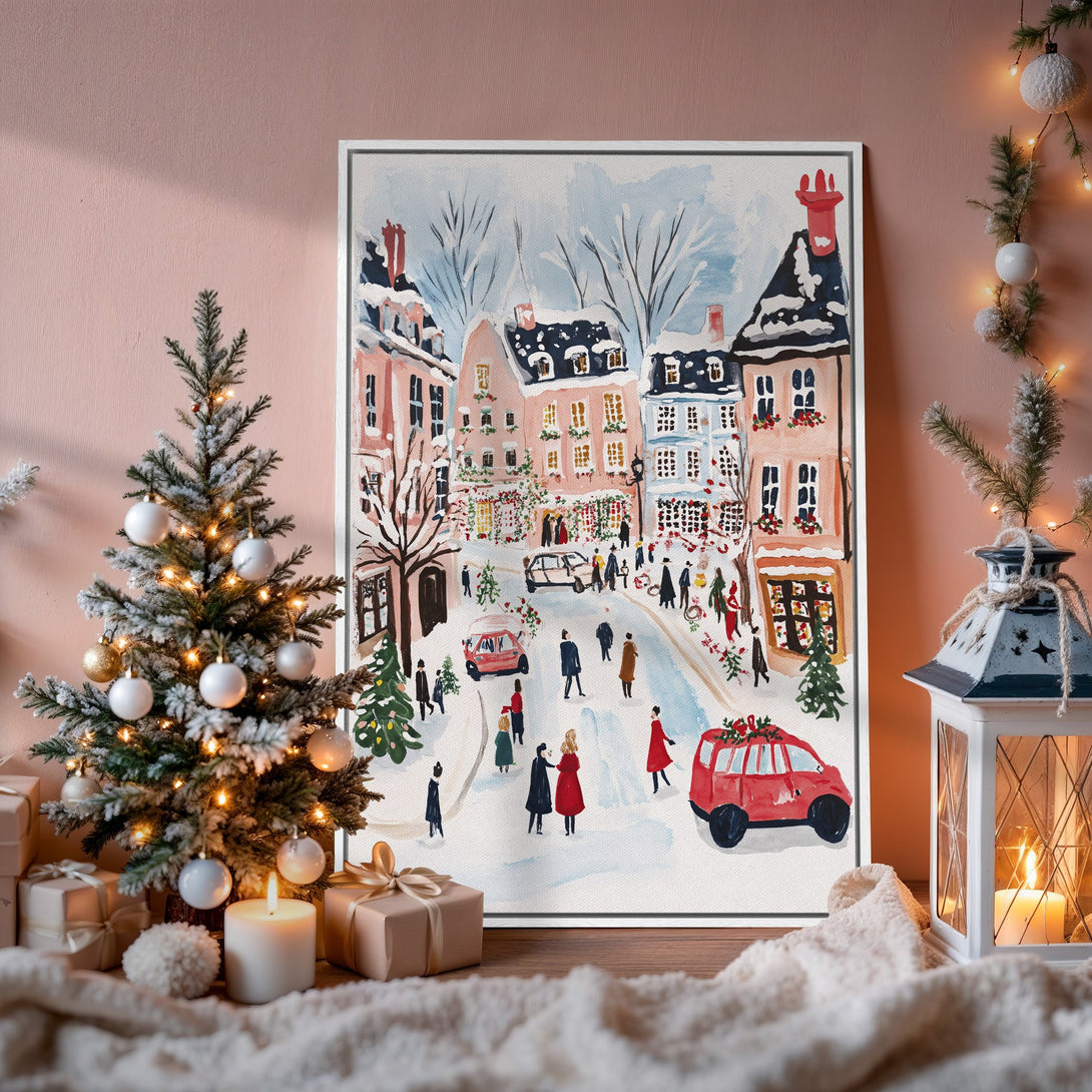 Framed Wall Art: Watercolor winter street scene in soft pinks, blues, and reds. Charming holiday decor for your home.