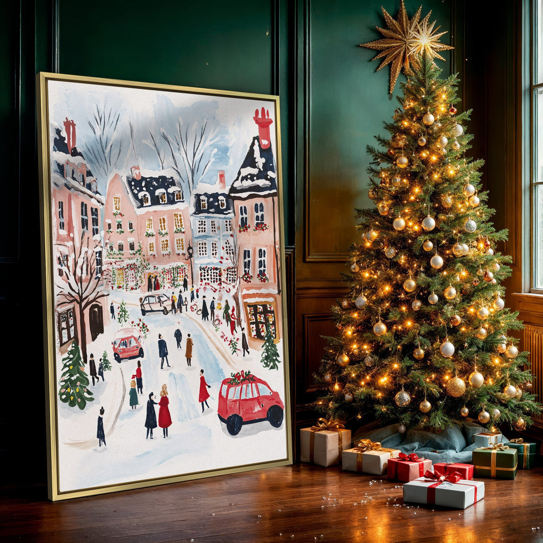 Canvas Print of a winter street scene in watercolor style, featuring a soft pastel color palette. Perfect holiday wall art!