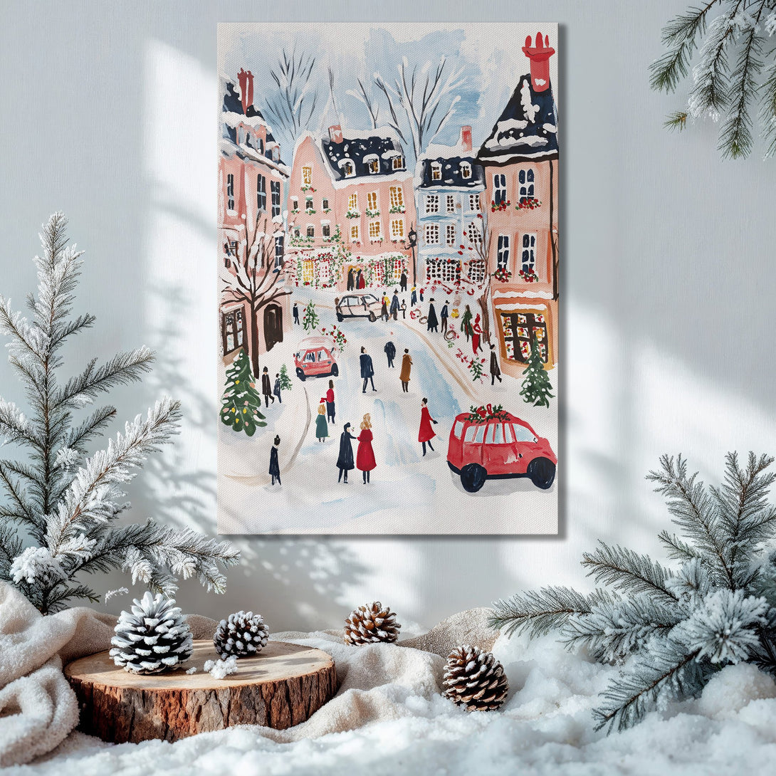 Framed Wall Art: Watercolor winter street scene with pink buildings. Warm, inviting color palette. Perfect holiday decor!