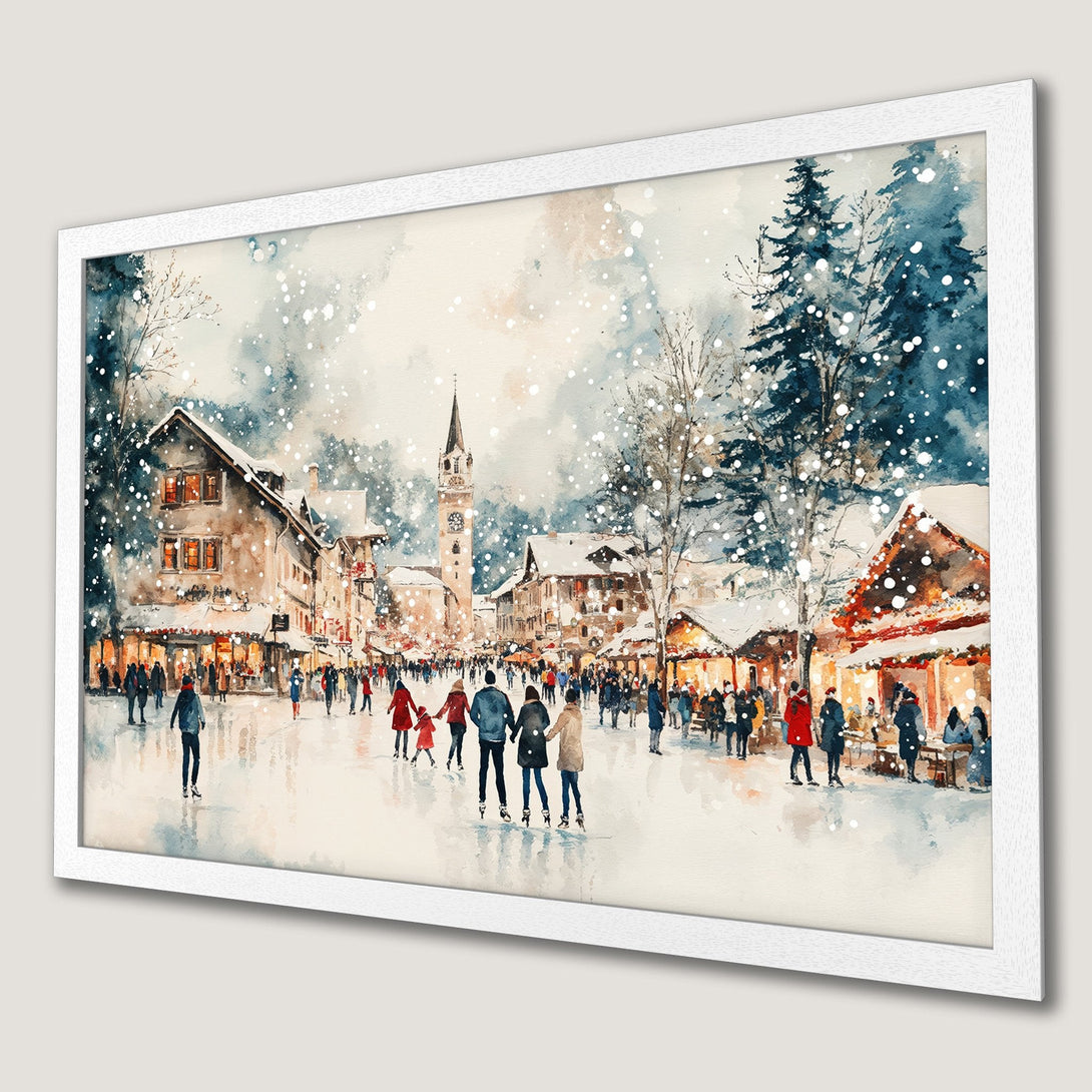 Framed Poster of a winter village scene in watercolor style. Features a snowy landscape with a blue and beige color palette. Perfect holiday decor!