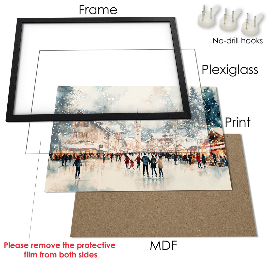 Framed Poster of a winter scene in watercolor style. Featuring a snowy town with people ice skating. Soft blues, browns, and whites.