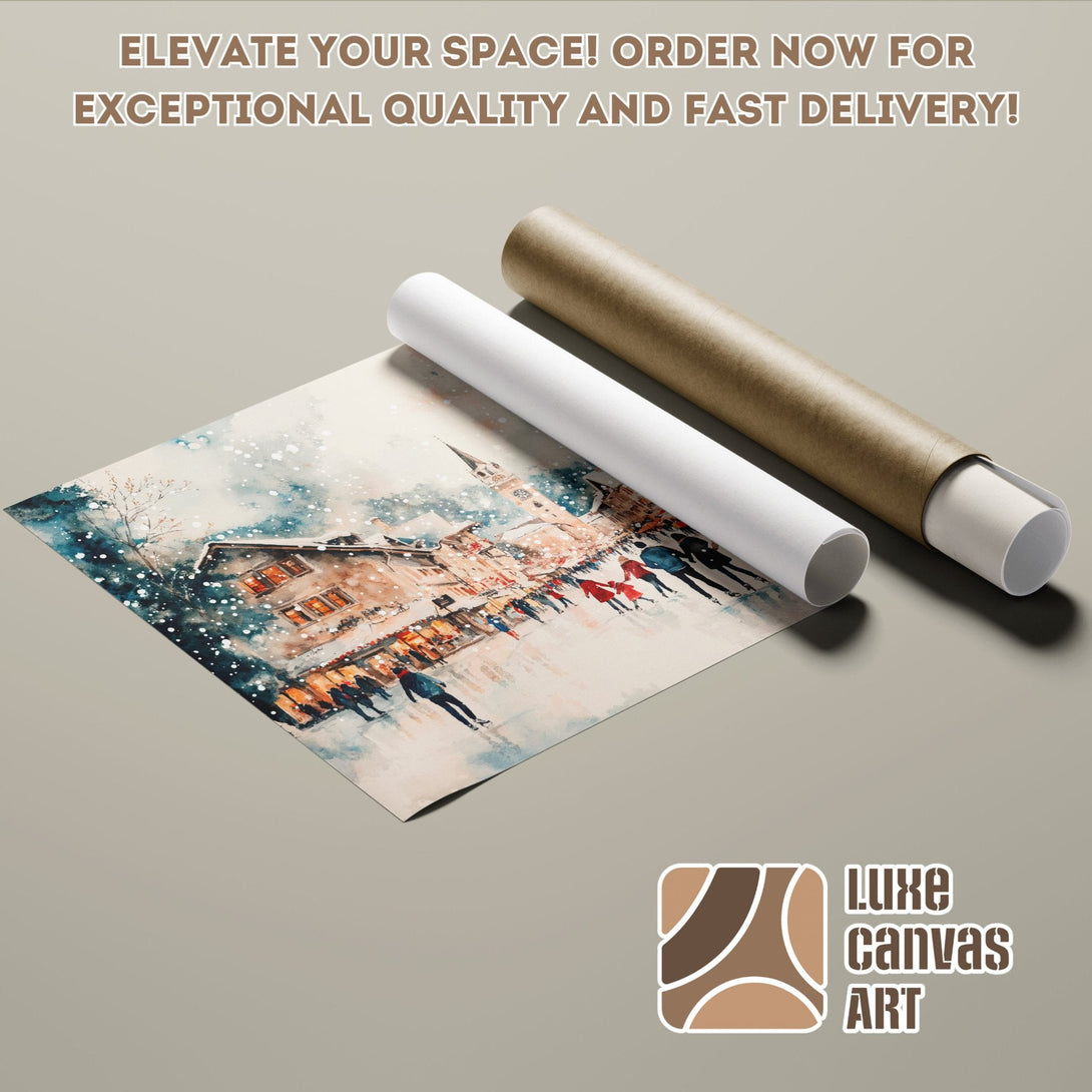 Poster Roll of a winter scene watercolor painting, featuring a warm color palette.