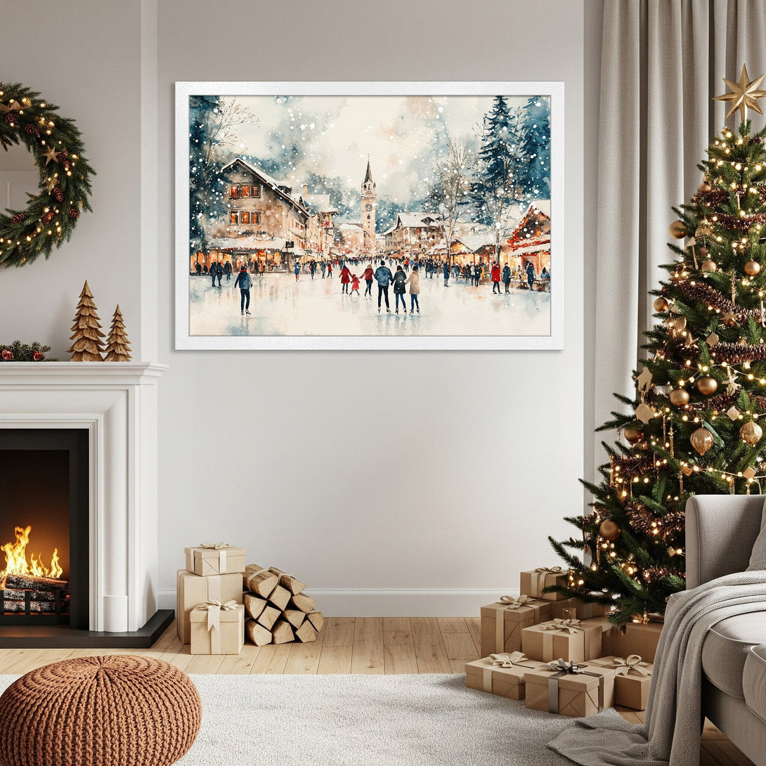 Framed Poster of a winter village scene in watercolor style, featuring a blue and brown color palette. Perfect holiday decor!