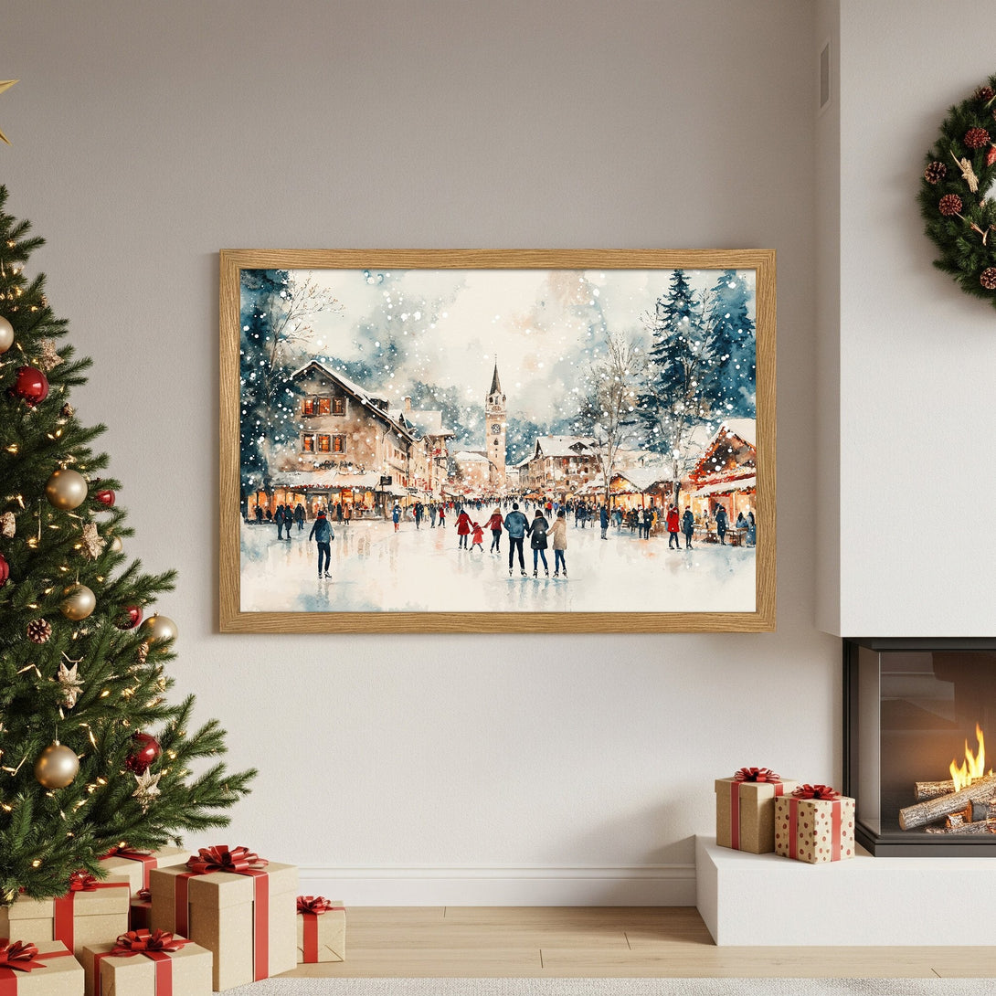 Framed Poster of a winter village scene, watercolor style with blue, white, and warm tones. Perfect holiday decor!