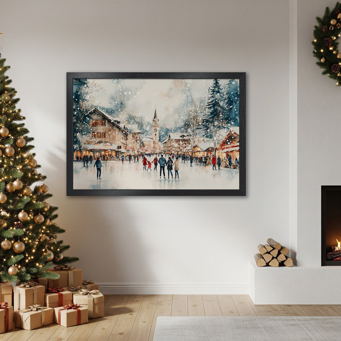 Framed Poster featuring a watercolor winter scene with skaters. Blue, white, and brown color palette. Perfect holiday decor!