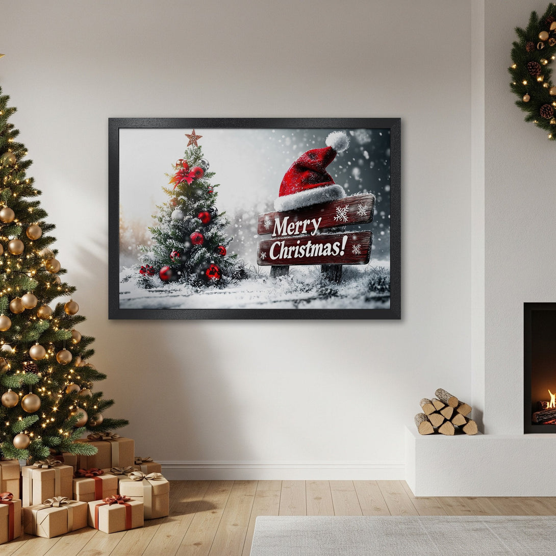 Framed Poster featuring a winter Christmas scene with a red Santa hat and "Merry Christmas" sign. Warm, inviting color palette.