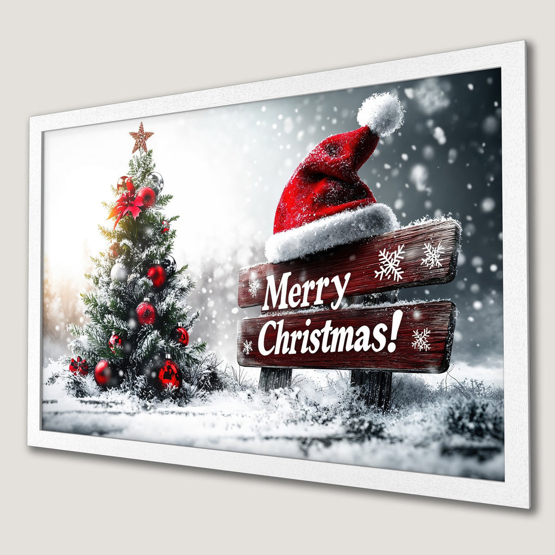 Framed Poster: Festive Christmas scene with a tree, Santa hat, and "Merry Christmas" sign. Red, white, and green color palette. Perfect holiday decor!