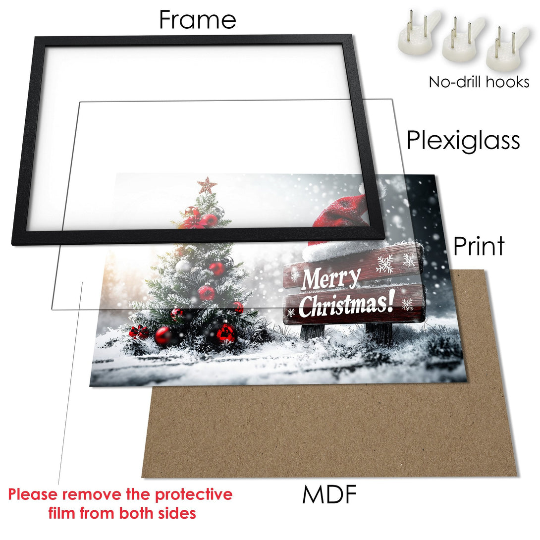 Framed Poster featuring a festive Christmas scene with a snowy landscape and red accents, perfect holiday decor.