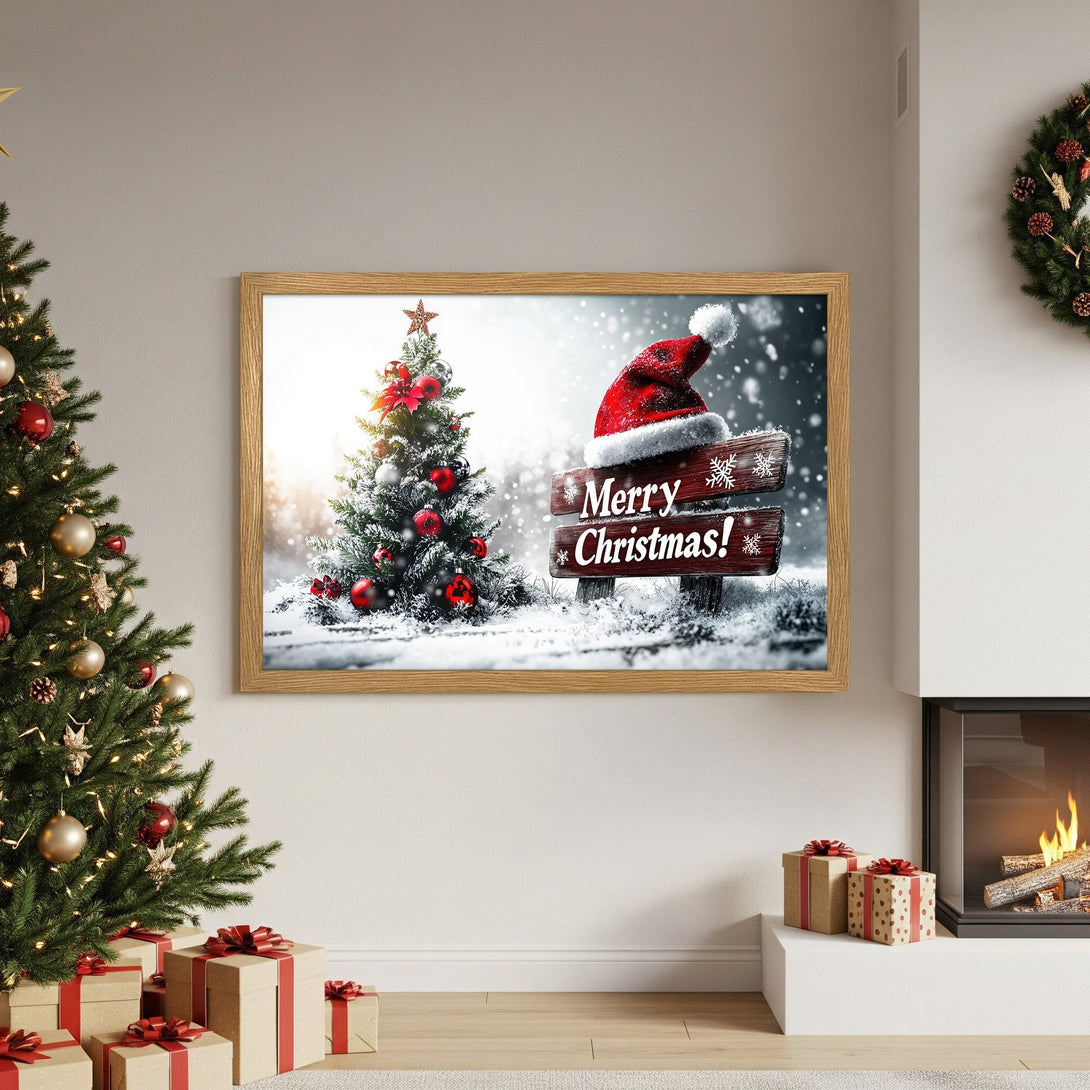 Framed Poster featuring a festive Christmas scene with a snowy tree, Santa hat, and red accents. Warm, inviting color palette.