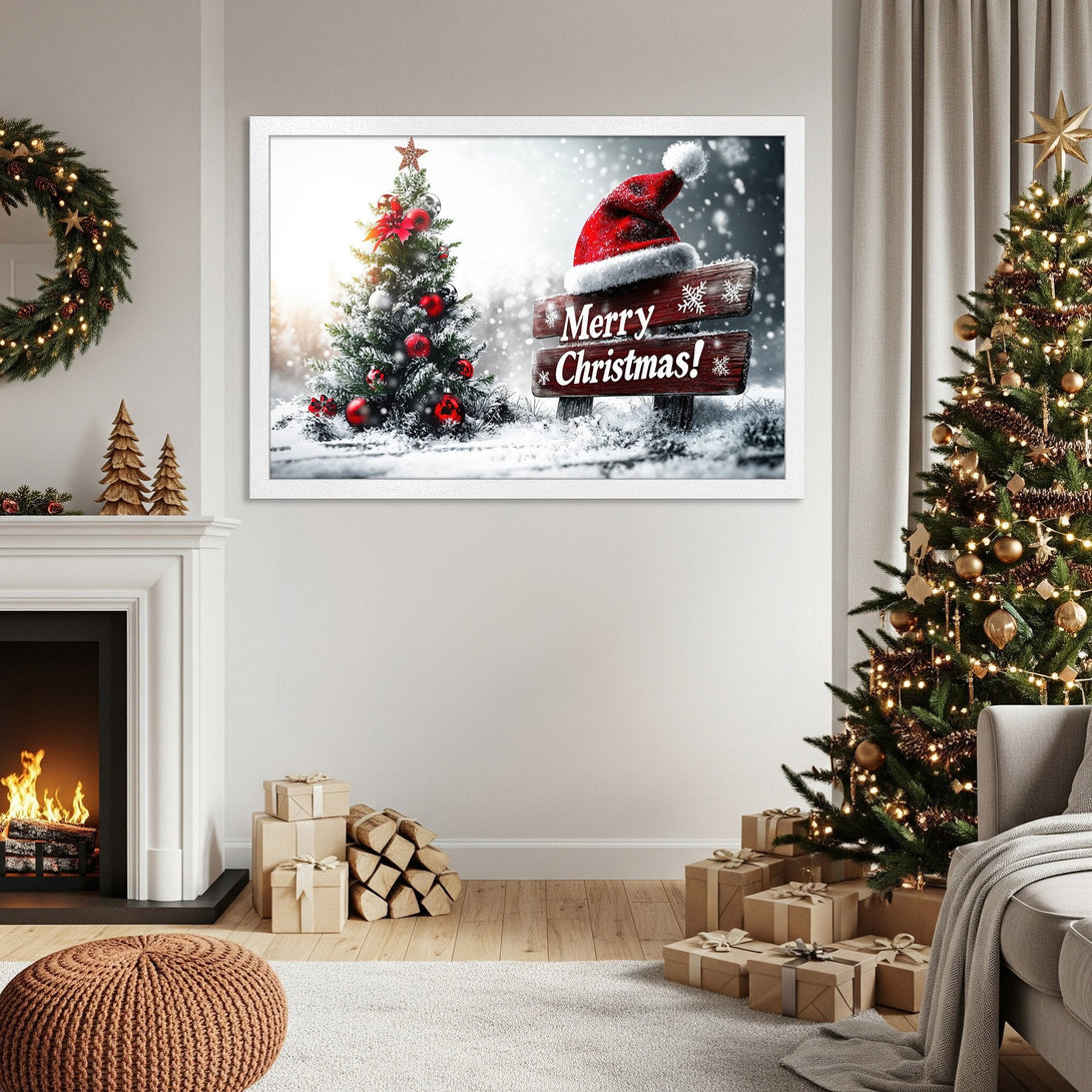 Framed Poster featuring a festive Christmas scene with a snowy tree, Santa hat, and "Merry Christmas" sign. Warm, cozy color palette.