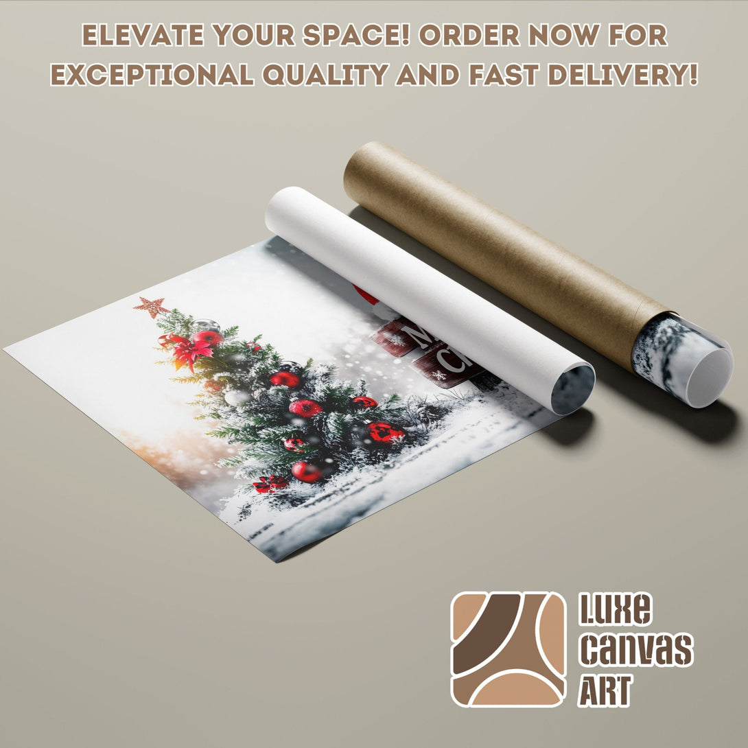 Christmas tree Poster Roll, snowy scene with red accents, neutral color palette. Order now!