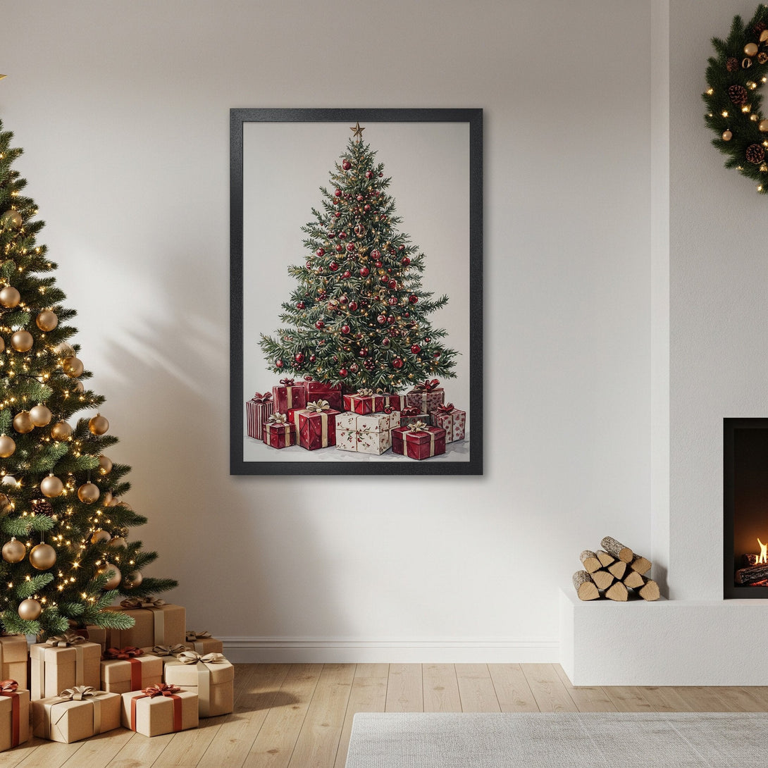 Framed Poster of a Christmas tree with gifts. Watercolor style, festive red and green palette, perfect holiday decor.