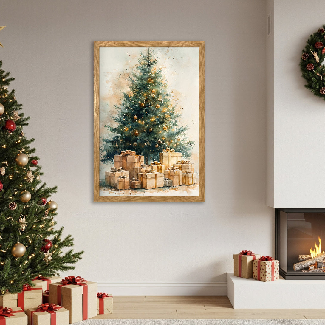 Framed Poster featuring a watercolor Christmas tree with gifts. Warm, inviting tones perfect for holiday decor.
