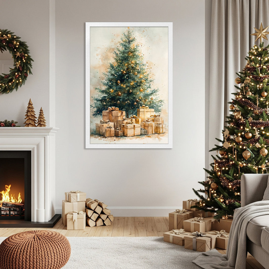 Framed Poster featuring a watercolor Christmas tree. Warm, inviting color palette with greens, golds, and browns. Perfect holiday decor!