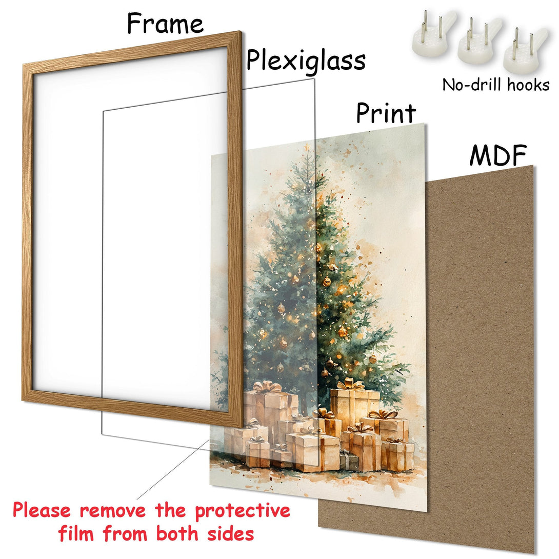 Framed Poster featuring a watercolor Christmas tree with gifts. Soft, muted green and gold color palette. Perfect holiday decor!